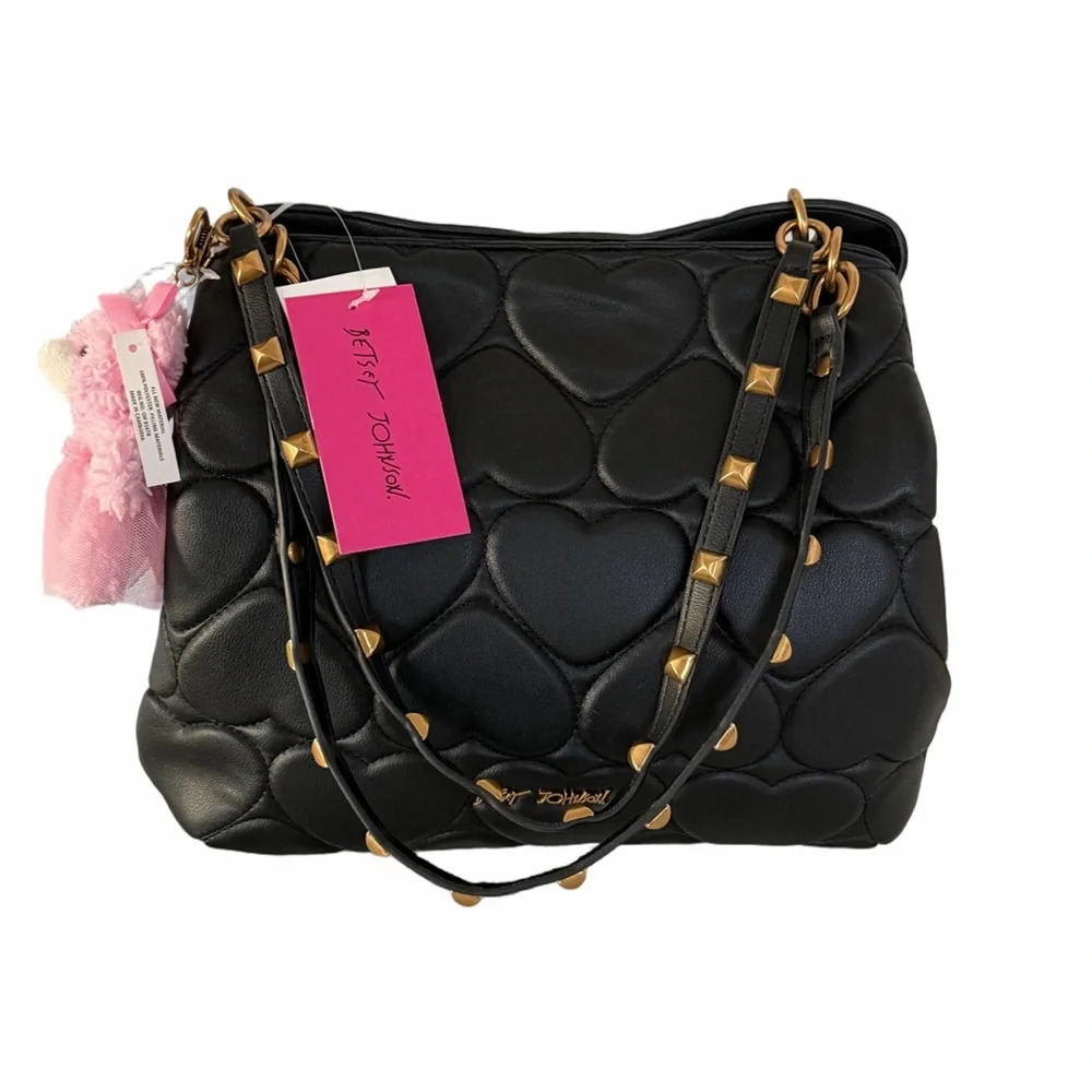 Betsey Johnson Xomia black heart quilted bag gold-tone hardware pink bear charm